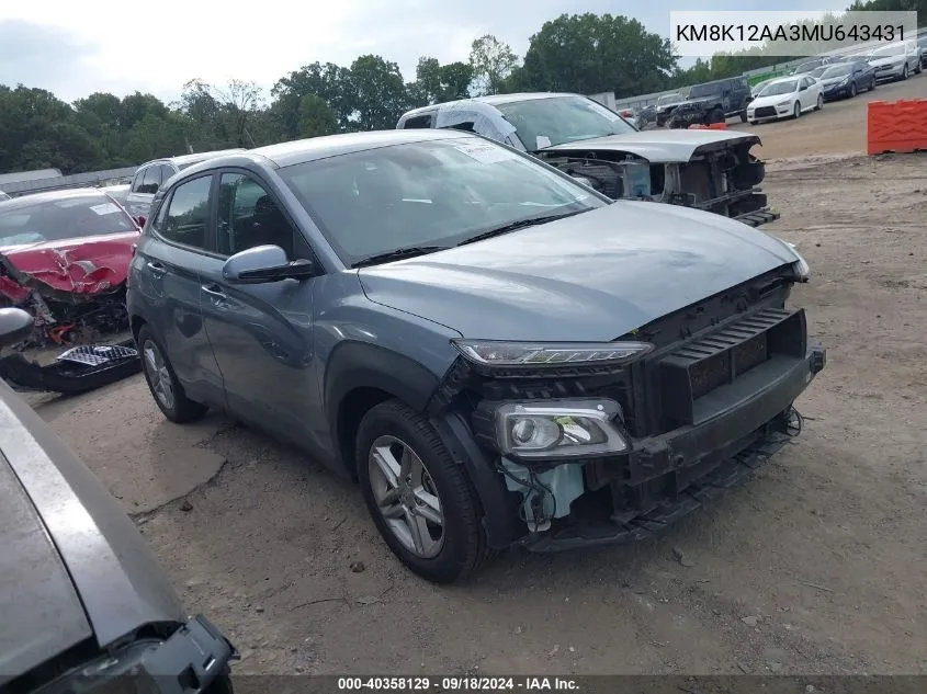 2021 Hyundai Kona Se VIN: KM8K12AA3MU643431 Lot: 40358129