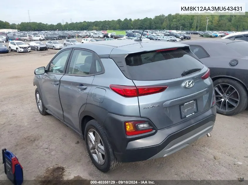 2021 Hyundai Kona Se VIN: KM8K12AA3MU643431 Lot: 40358129