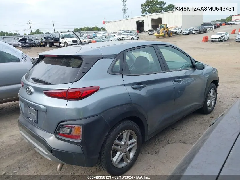 2021 Hyundai Kona Se VIN: KM8K12AA3MU643431 Lot: 40358129