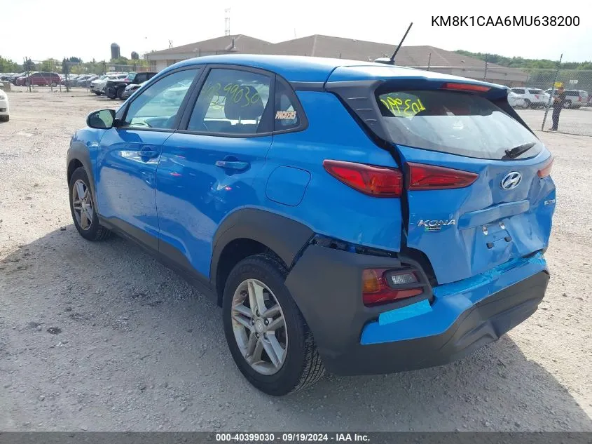 2021 Hyundai Kona Se VIN: KM8K1CAA6MU638200 Lot: 40399030