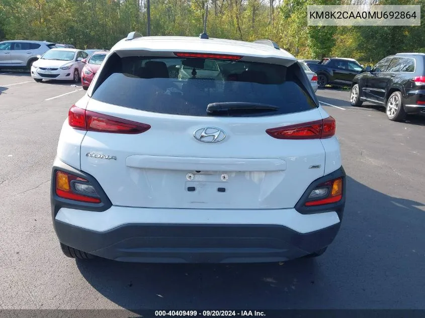 2021 Hyundai Kona Sel VIN: KM8K2CAA0MU692864 Lot: 40409499