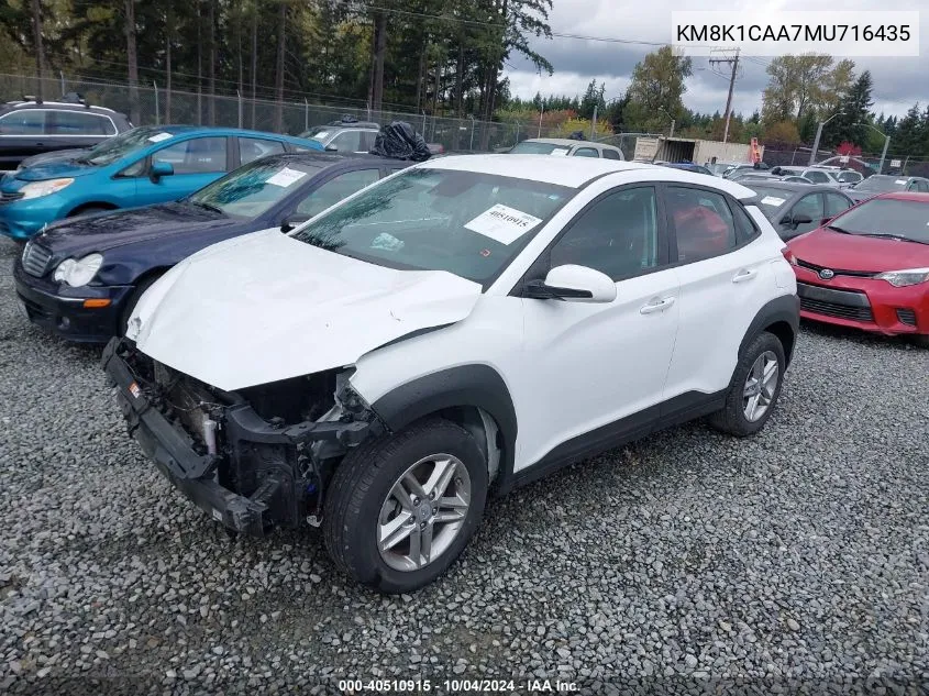 2021 Hyundai Kona Se VIN: KM8K1CAA7MU716435 Lot: 40510915