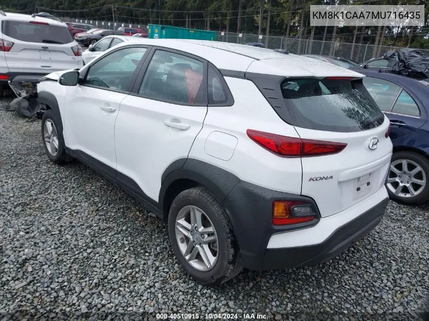 2021 Hyundai Kona Se VIN: KM8K1CAA7MU716435 Lot: 40510915