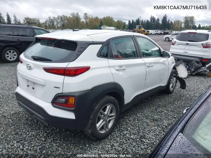 2021 Hyundai Kona Se VIN: KM8K1CAA7MU716435 Lot: 40510915