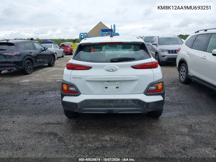 2021 Hyundai Kona Se VIN: KM8K12AA9MU693251 Lot: 40526974