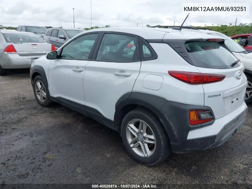 2021 Hyundai Kona Se VIN: KM8K12AA9MU693251 Lot: 40526974