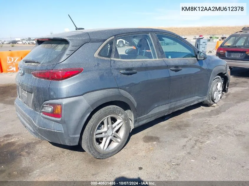 2021 Hyundai Kona Se VIN: KM8K12AA2MU612378 Lot: 40531485