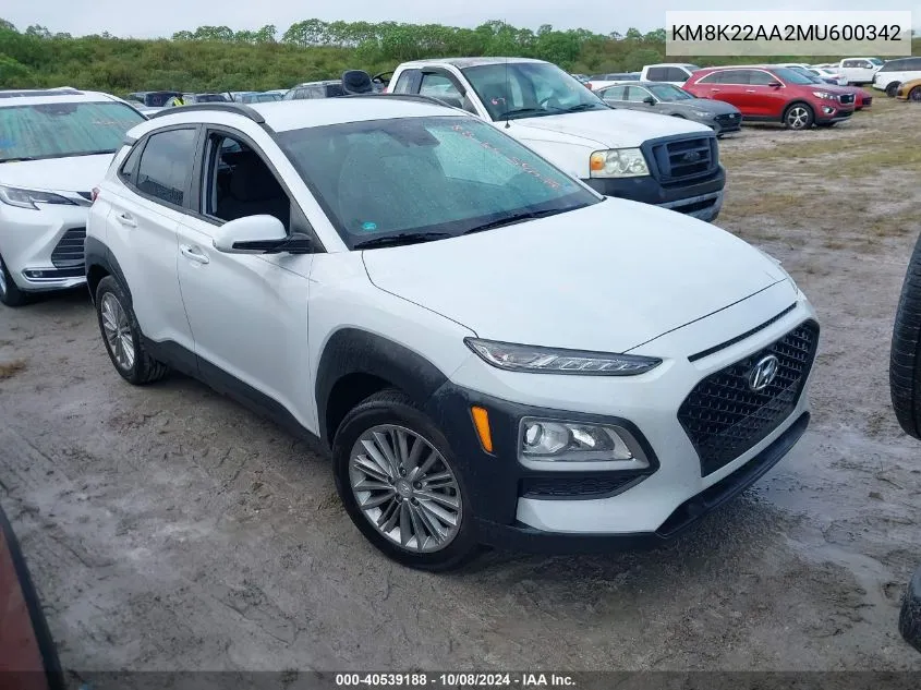 2021 Hyundai Kona Sel VIN: KM8K22AA2MU600342 Lot: 40539188