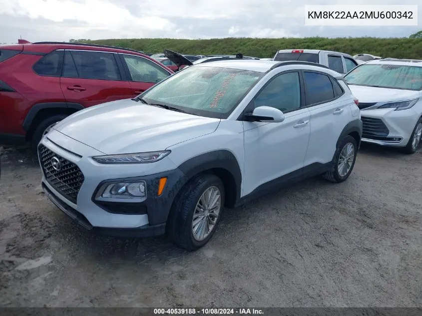 2021 Hyundai Kona Sel VIN: KM8K22AA2MU600342 Lot: 40539188