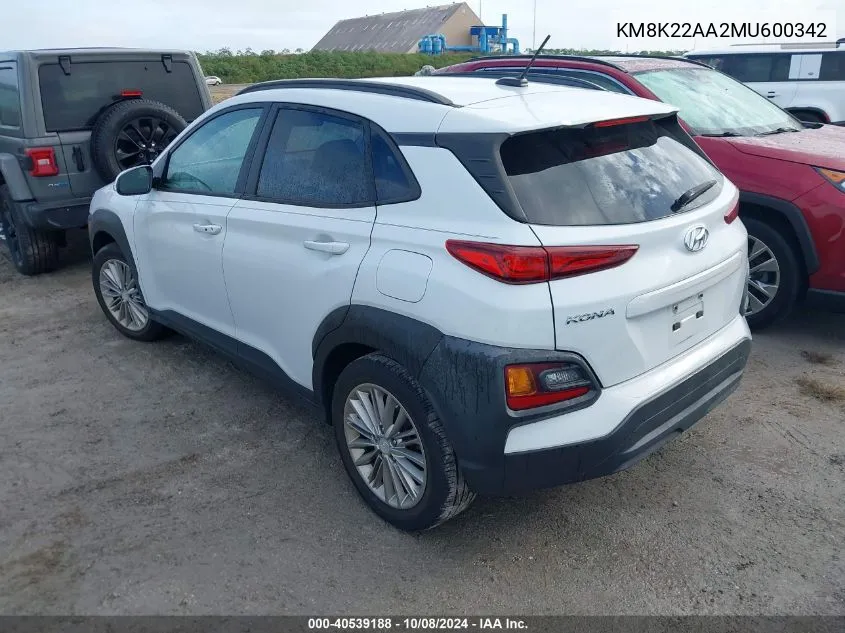 2021 Hyundai Kona Sel VIN: KM8K22AA2MU600342 Lot: 40539188