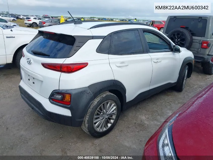 2021 Hyundai Kona Sel VIN: KM8K22AA2MU600342 Lot: 40539188