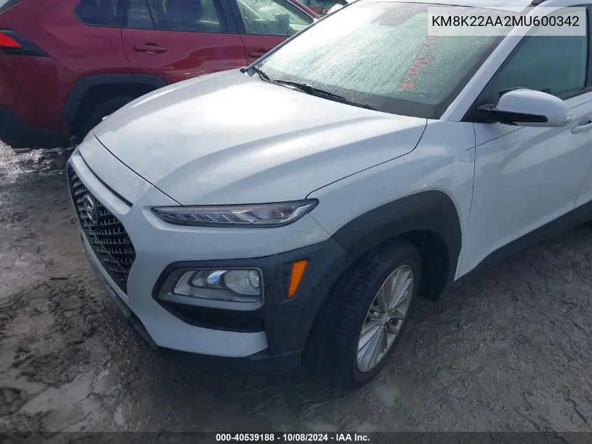 2021 Hyundai Kona Sel VIN: KM8K22AA2MU600342 Lot: 40539188