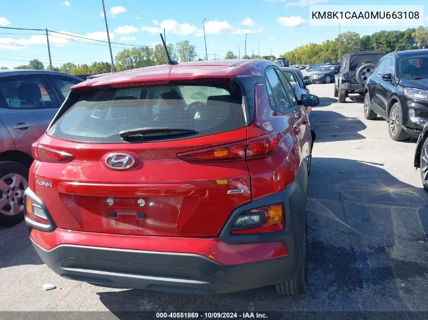 2021 Hyundai Kona Se VIN: KM8K1CAA0MU663108 Lot: 40551869