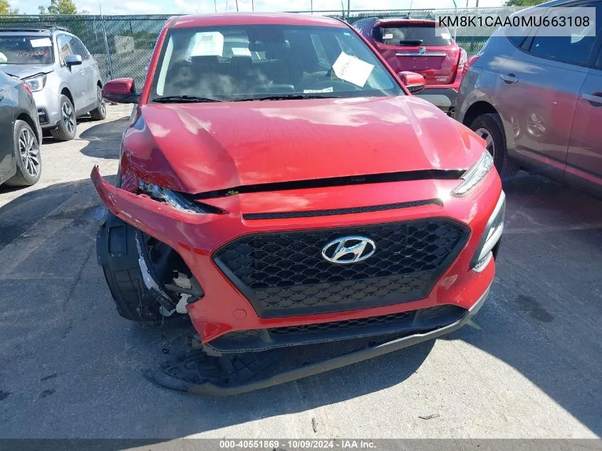 2021 Hyundai Kona Se VIN: KM8K1CAA0MU663108 Lot: 40551869