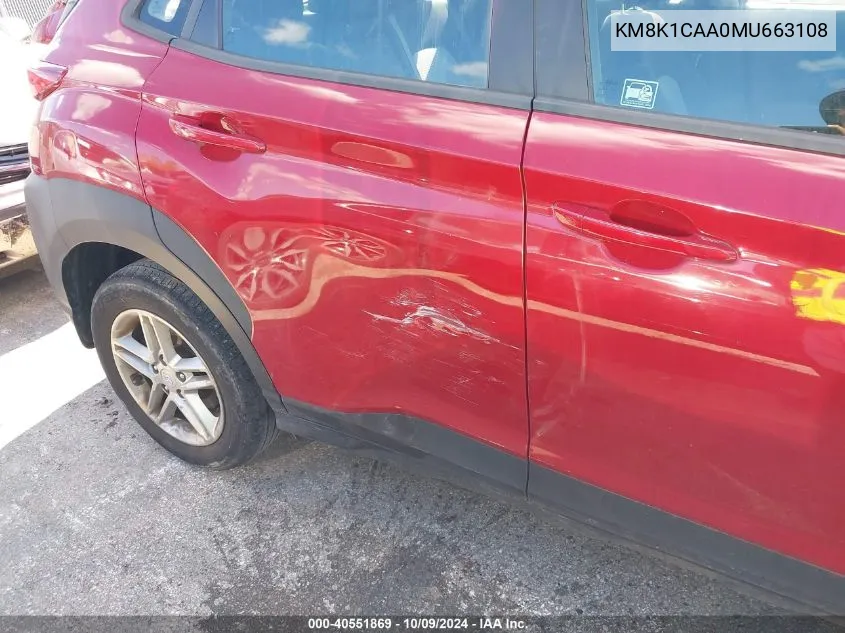 2021 Hyundai Kona Se VIN: KM8K1CAA0MU663108 Lot: 40551869