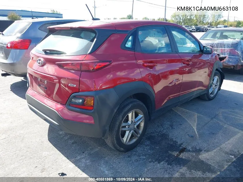 2021 Hyundai Kona Se VIN: KM8K1CAA0MU663108 Lot: 40551869