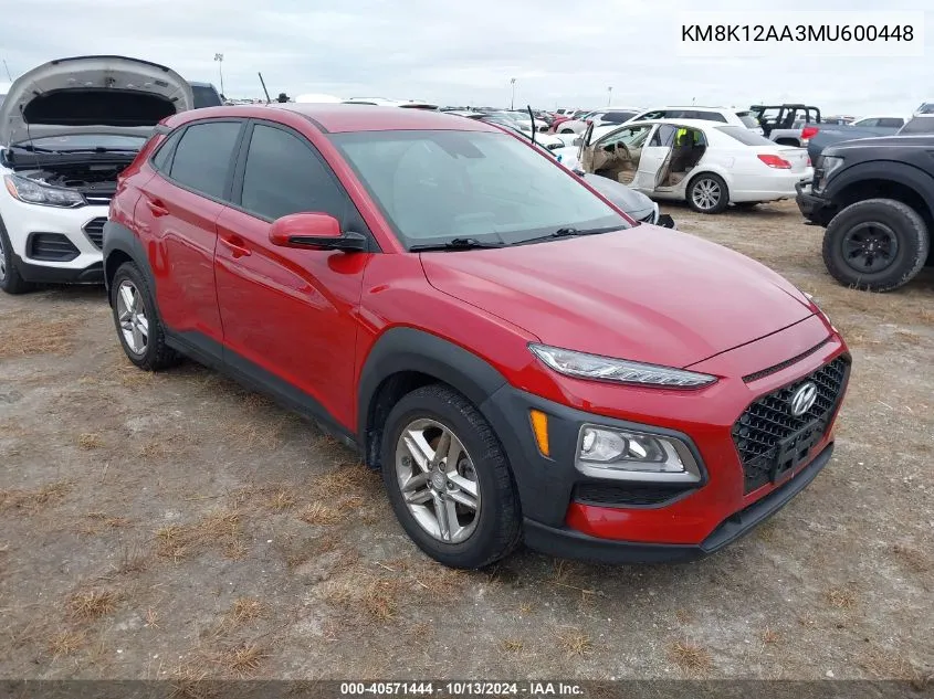 2021 Hyundai Kona Se VIN: KM8K12AA3MU600448 Lot: 40571444