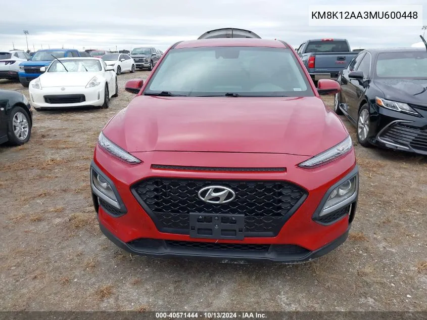 2021 Hyundai Kona Se VIN: KM8K12AA3MU600448 Lot: 40571444