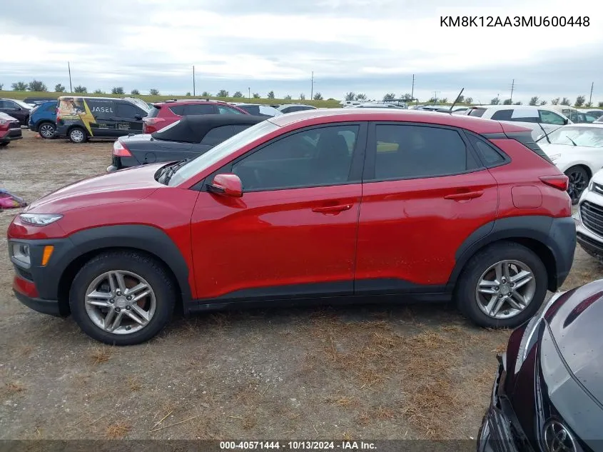 2021 Hyundai Kona Se VIN: KM8K12AA3MU600448 Lot: 40571444