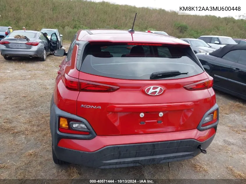 2021 Hyundai Kona Se VIN: KM8K12AA3MU600448 Lot: 40571444