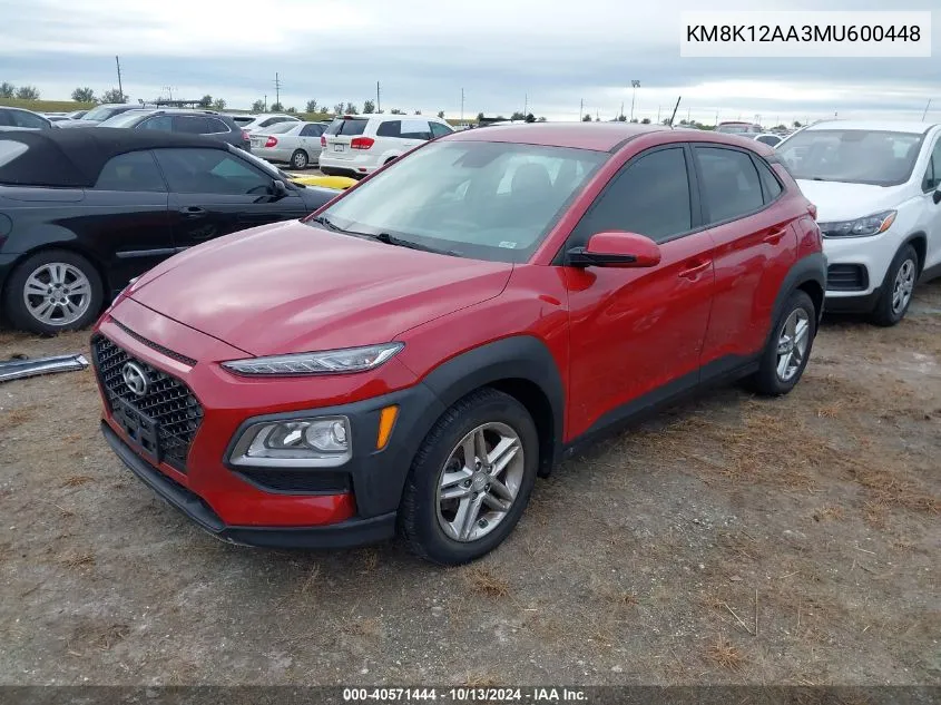 2021 Hyundai Kona Se VIN: KM8K12AA3MU600448 Lot: 40571444