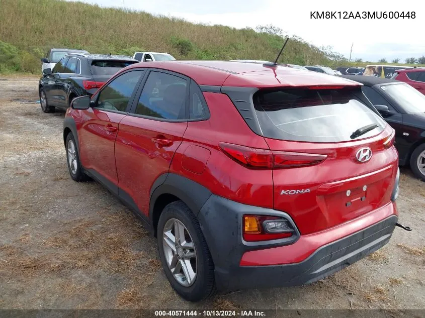 2021 Hyundai Kona Se VIN: KM8K12AA3MU600448 Lot: 40571444