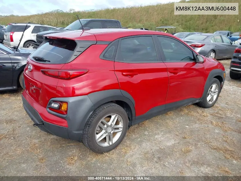 2021 Hyundai Kona Se VIN: KM8K12AA3MU600448 Lot: 40571444