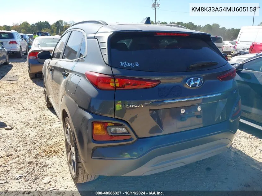 2021 Hyundai Kona Limited VIN: KM8K33A54MU605158 Lot: 40585327