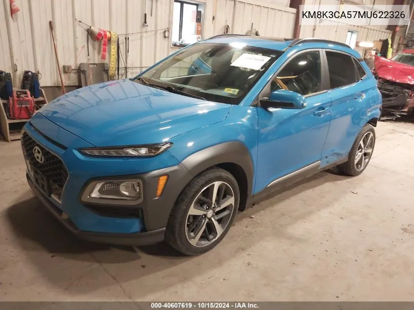 2021 Hyundai Kona Limited VIN: KM8K3CA57MU622326 Lot: 40607619