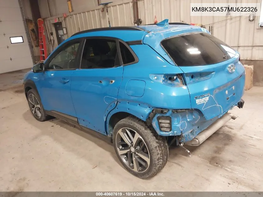 2021 Hyundai Kona Limited VIN: KM8K3CA57MU622326 Lot: 40607619