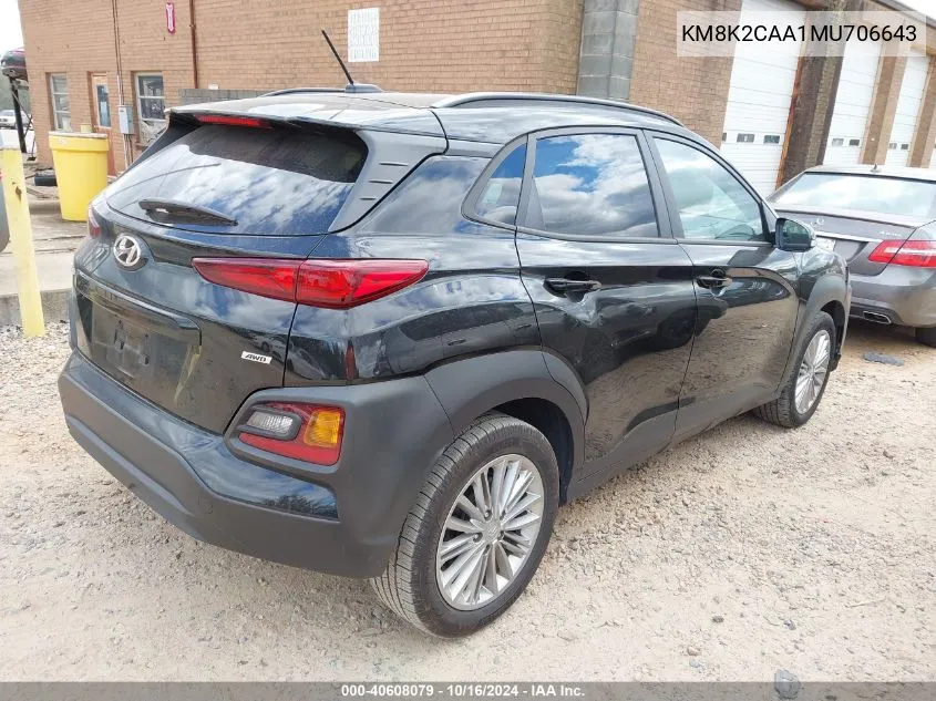 2021 Hyundai Kona Sel VIN: KM8K2CAA1MU706643 Lot: 40608079