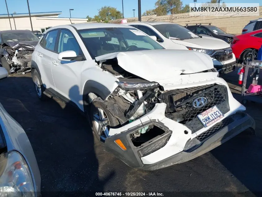 2021 Hyundai Kona Se VIN: KM8K12AAXMU663580 Lot: 40676745