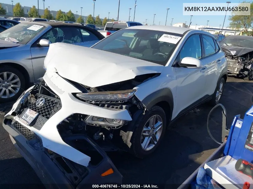 2021 Hyundai Kona Se VIN: KM8K12AAXMU663580 Lot: 40676745