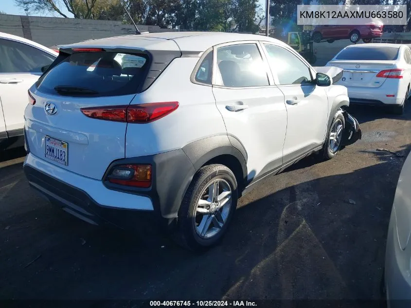 2021 Hyundai Kona Se VIN: KM8K12AAXMU663580 Lot: 40676745