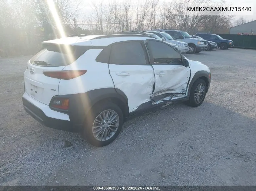 2021 Hyundai Kona Sel VIN: KM8K2CAAXMU715440 Lot: 40686390