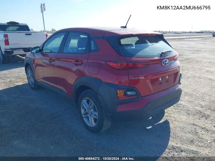 2021 Hyundai Kona Se VIN: KM8K12AA2MU666795 Lot: 40694272