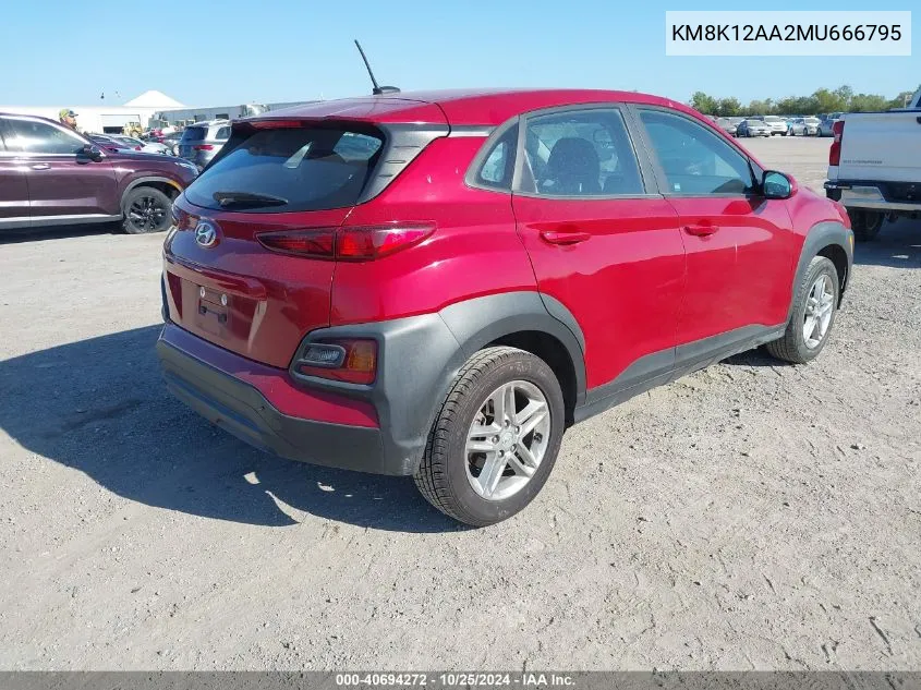 2021 Hyundai Kona Se VIN: KM8K12AA2MU666795 Lot: 40694272