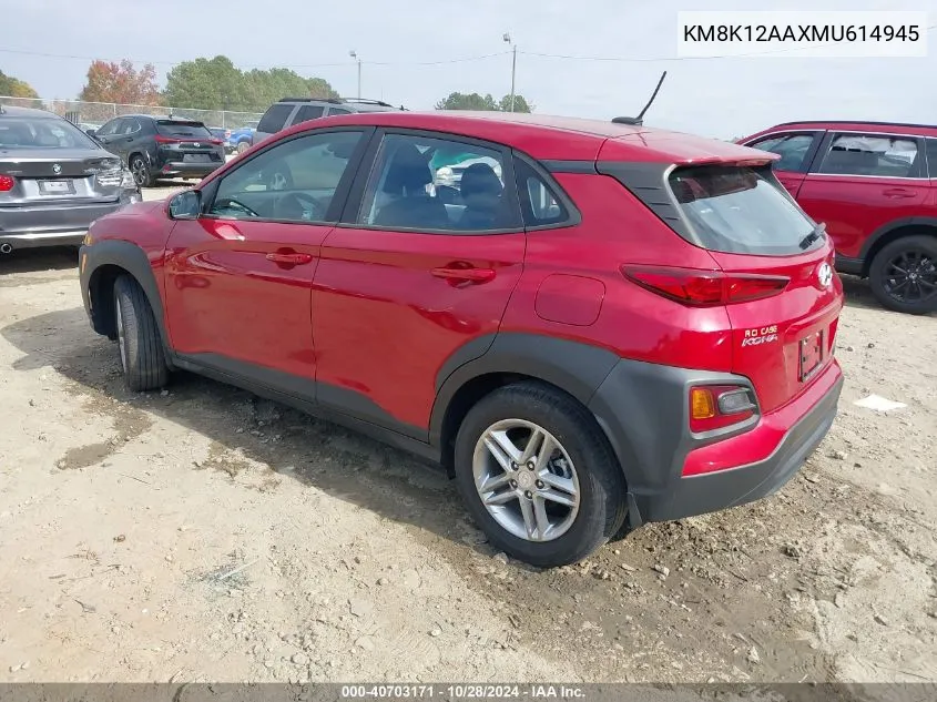 2021 Hyundai Kona Se VIN: KM8K12AAXMU614945 Lot: 40703171