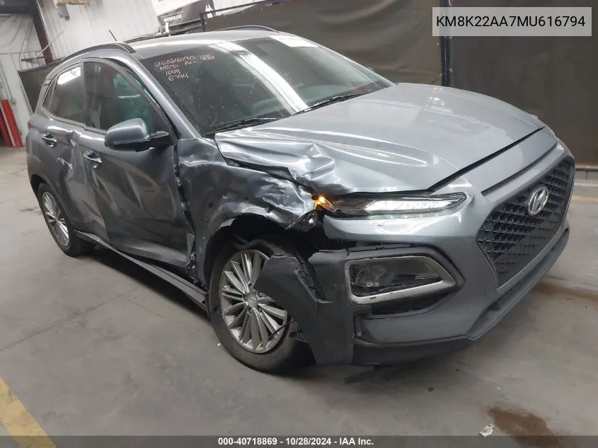 2021 Hyundai Kona Sel VIN: KM8K22AA7MU616794 Lot: 40718869