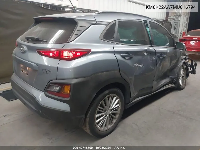 2021 Hyundai Kona Sel VIN: KM8K22AA7MU616794 Lot: 40718869