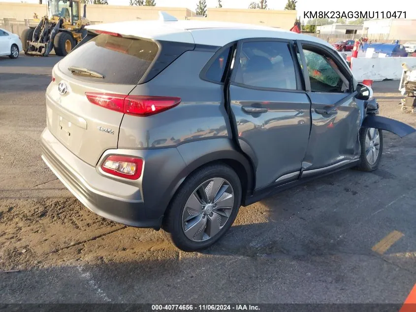 2021 Hyundai Kona Electric Sel VIN: KM8K23AG3MU110471 Lot: 40774656