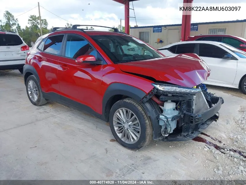 2021 Hyundai Kona Sel VIN: KM8K22AA8MU603097 Lot: 40774928