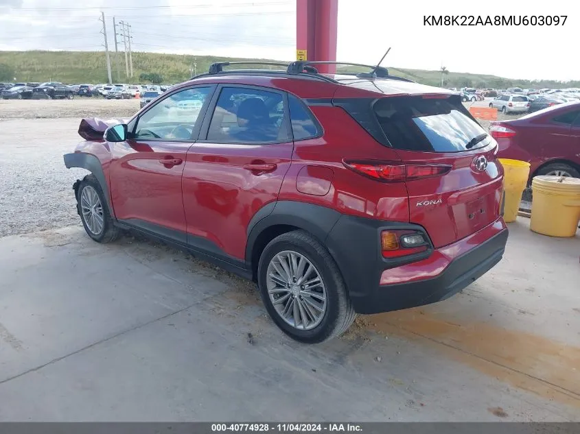 2021 Hyundai Kona Sel VIN: KM8K22AA8MU603097 Lot: 40774928