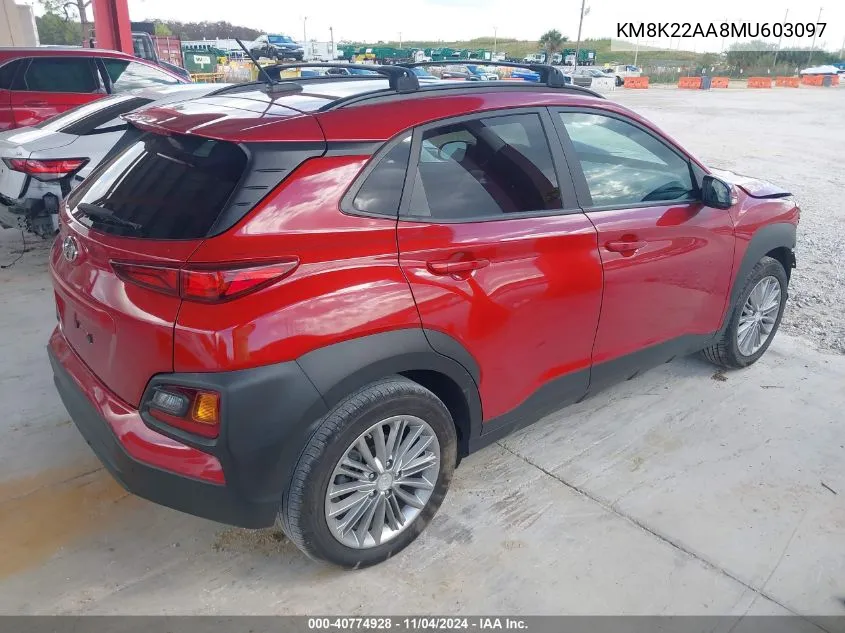 2021 Hyundai Kona Sel VIN: KM8K22AA8MU603097 Lot: 40774928