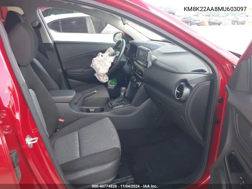 2021 Hyundai Kona Sel VIN: KM8K22AA8MU603097 Lot: 40774928