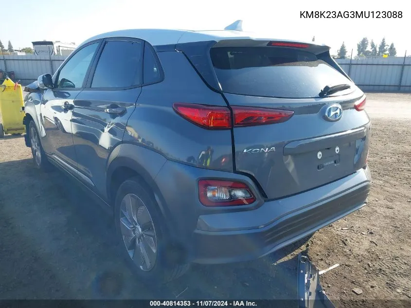 2021 Hyundai Kona Electric Sel VIN: KM8K23AG3MU123088 Lot: 40814353