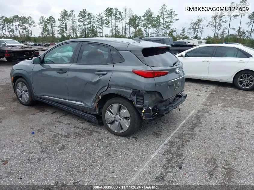 2021 Hyundai Kona Electric Ultimate VIN: KM8K53AG0MU124609 Lot: 40839000