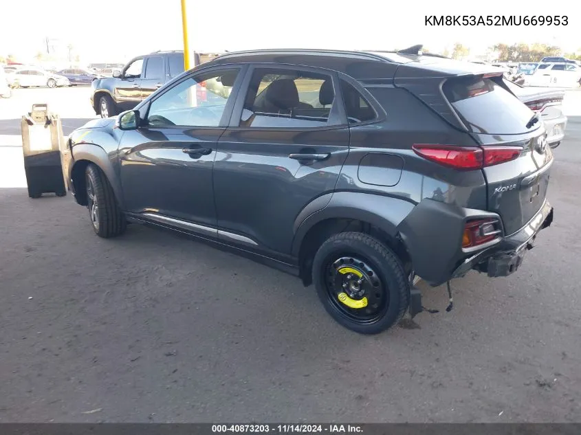 2021 Hyundai Kona Ultimate VIN: KM8K53A52MU669953 Lot: 40873203