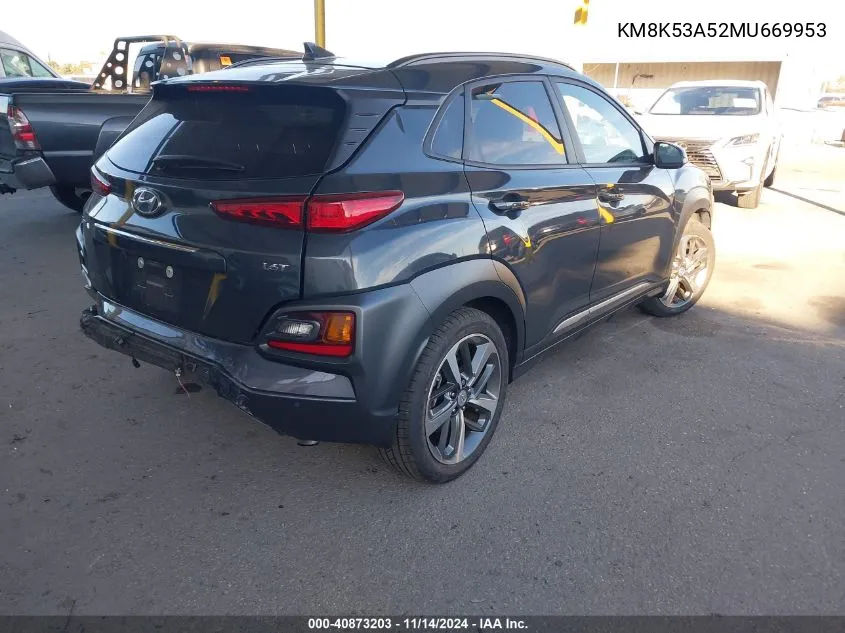 2021 Hyundai Kona Ultimate VIN: KM8K53A52MU669953 Lot: 40873203