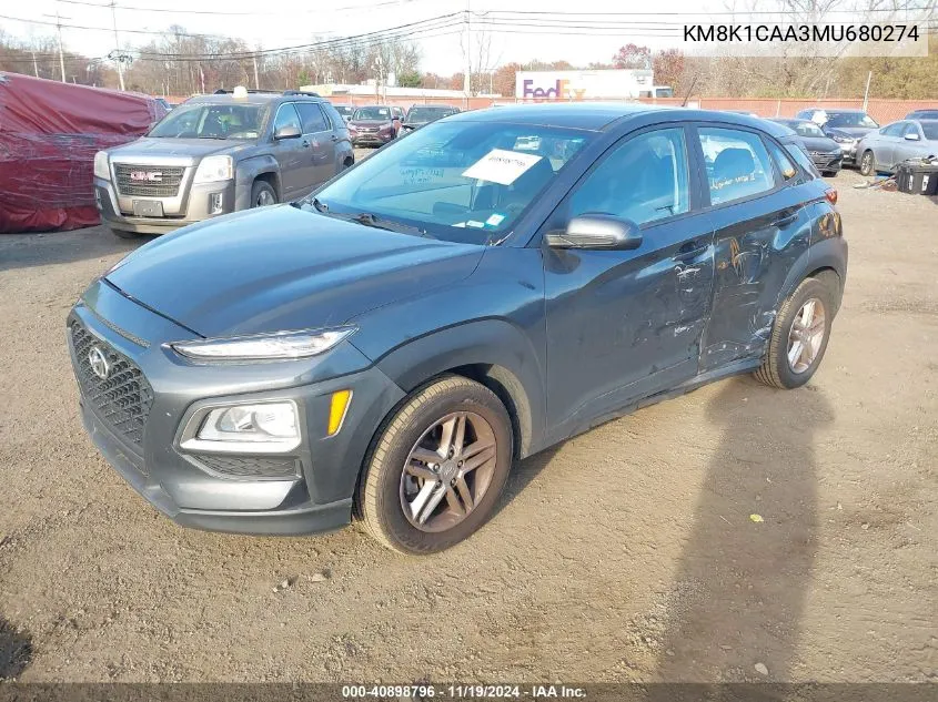 2021 Hyundai Kona Se VIN: KM8K1CAA3MU680274 Lot: 40898796